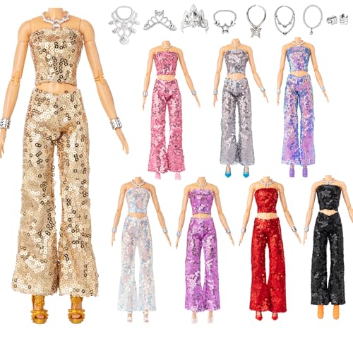 Keysse 38-Piece Doll Fashion Wardrobe: 8 Sequin Suits, 10 Dresses, 10 Shoes, 10 Jewelry – Fits 11-11.8 Inch Dolls – Velcro Closure