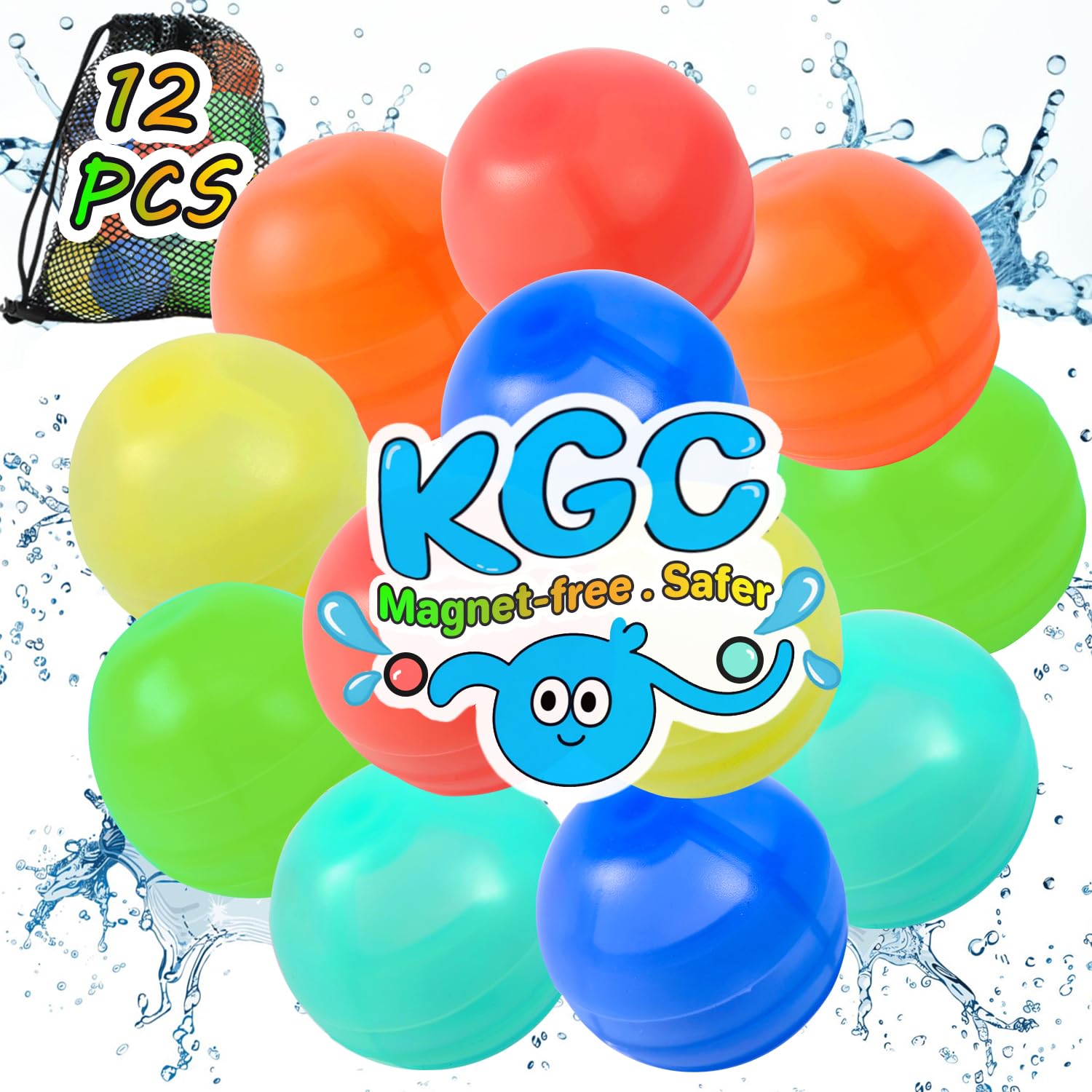 KGC 12-Pack Reusable Silicone Water Balloons – Magnet-Free Self-Sealing Splash Balls for Kids Ages 3-12, Quick Fill & Mesh Bag Included