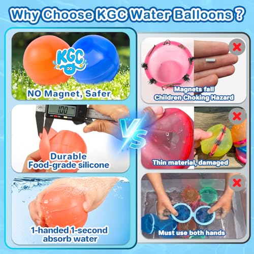 KGC 12-Pack Reusable Silicone Water Balloons – Magnet-Free Self-Sealing Splash Balls for Kids Ages 3-12, Quick Fill & Mesh Bag Included