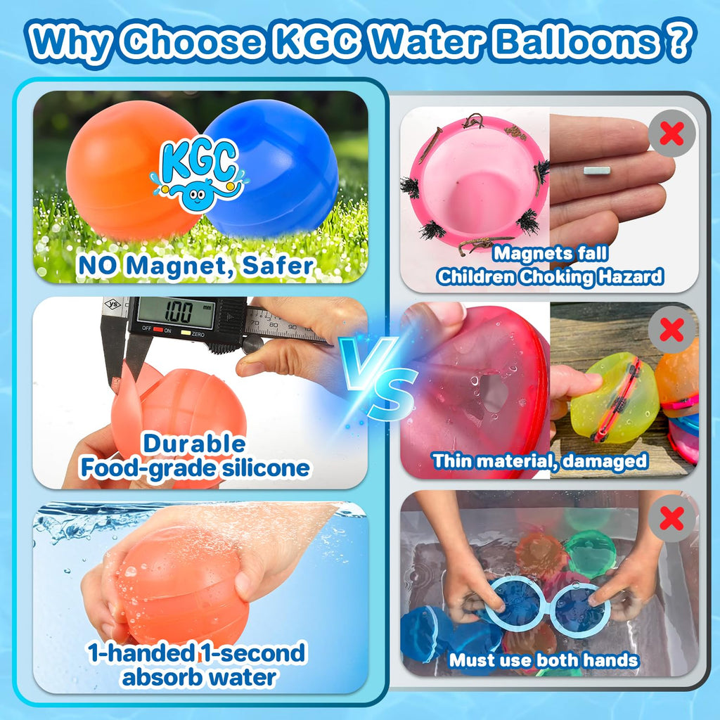 KGC 12-Pack Reusable Silicone Water Balloons – Magnet-Free Self-Sealing Splash Balls for Kids Ages 3-12, Quick Fill & Mesh Bag Included