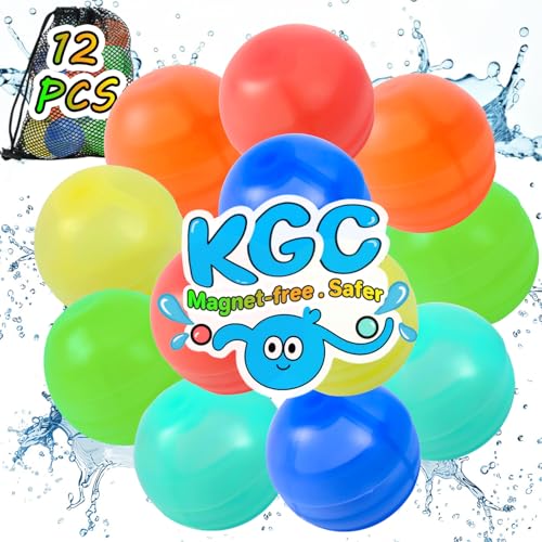 KGC 12-Pack Reusable Silicone Water Balloons – Magnet-Free Self-Sealing Splash Balls for Kids Ages 3-12, Quick Fill & Mesh Bag Included