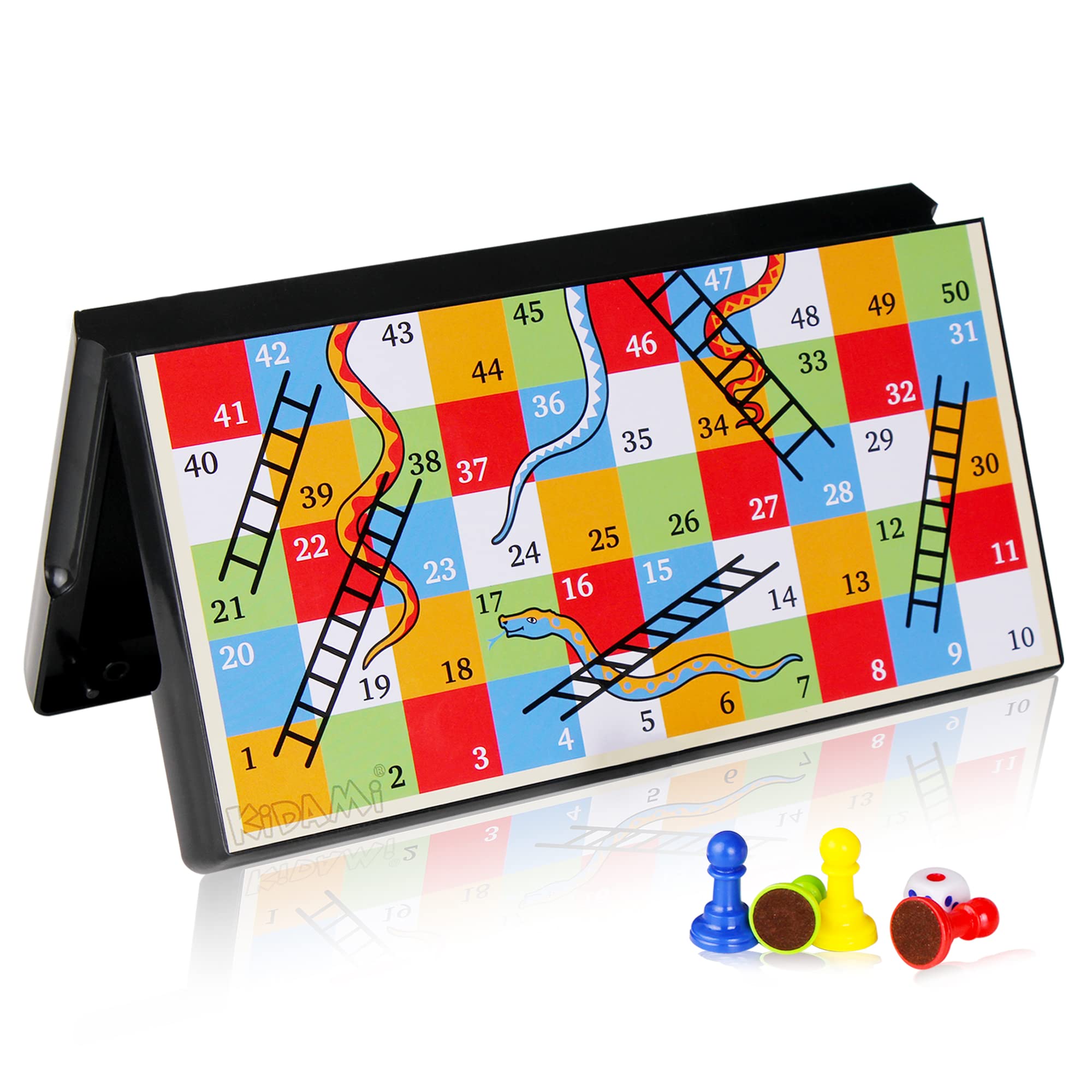 KIDAMI Magnetic Snakes and Ladders Board Game – 9.75-Inch Travel Set with Storage Box