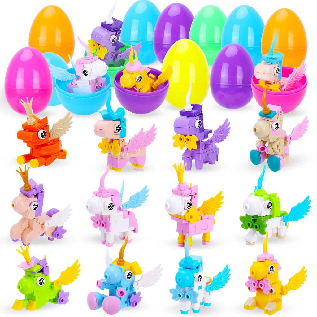 Kiddelo 12 Pack Prefilled Easter Eggs with Mini Unicorn Building Blocks – Easter Basket Stuffers, Party Favors