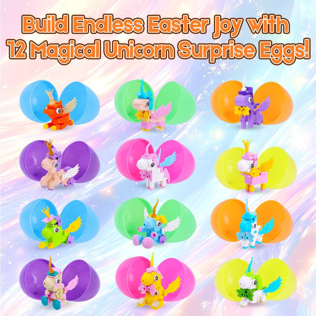 Kiddelo 12 Pack Prefilled Easter Eggs with Mini Unicorn Building Blocks – Easter Basket Stuffers, Party Favors
