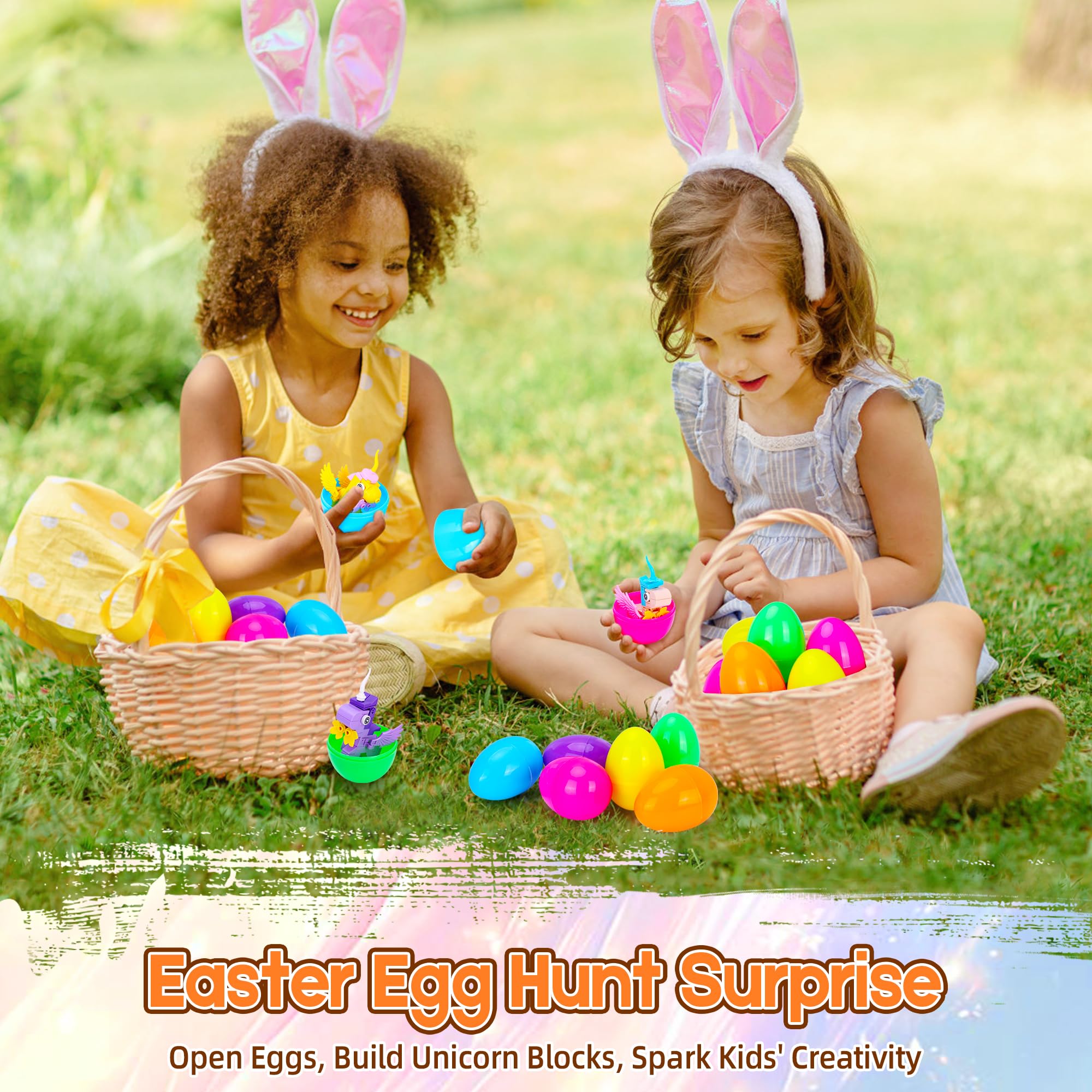 Kiddelo 12 Pack Prefilled Easter Eggs with Mini Unicorn Building Blocks – Easter Basket Stuffers, Party Favors