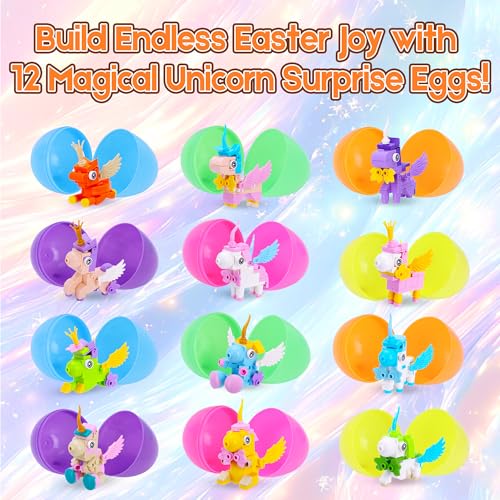 Kiddelo 12 Pack Prefilled Easter Eggs with Mini Unicorn Building Blocks – Easter Basket Stuffers, Party Favors