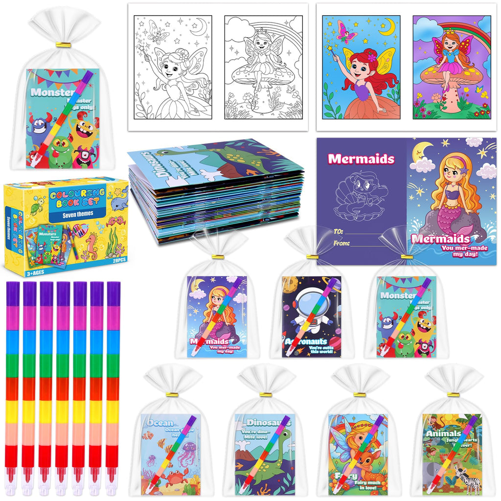 Kiddelo 28 Pack Valentine’s Day Gifts for Kids Classroom Exchange – Mini Coloring Books with Crayons, Non Candy Party Favors