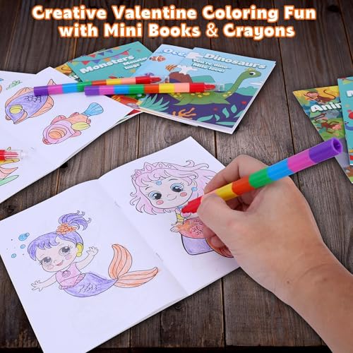 Kiddelo 28 Pack Valentine’s Day Gifts for Kids Classroom Exchange – Mini Coloring Books with Crayons, Non Candy Party Favors