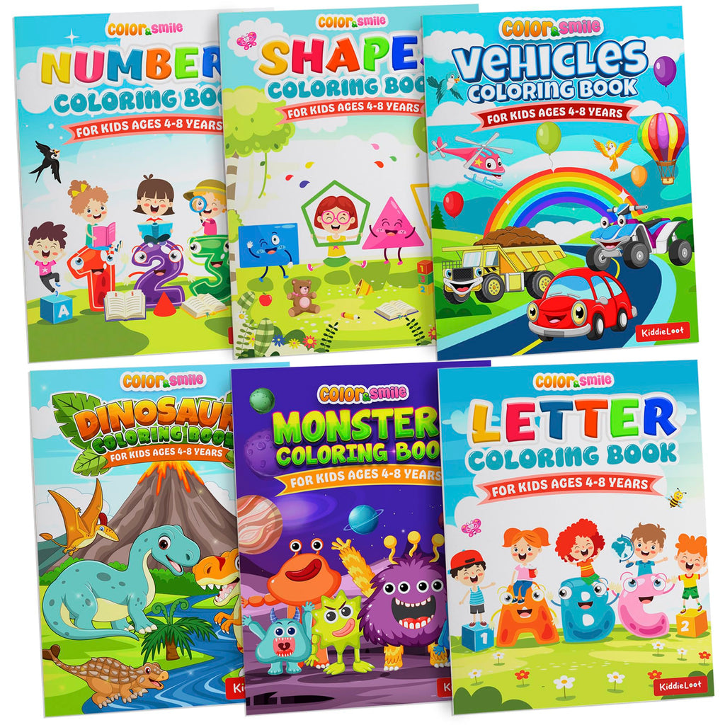 KiddieLoot 12-Pack Coloring Books for Kids Ages 4-8 – Dinosaurs, Monsters, Vehicles, Alphabet, Numbers & Shapes – 8.5x11 Inches