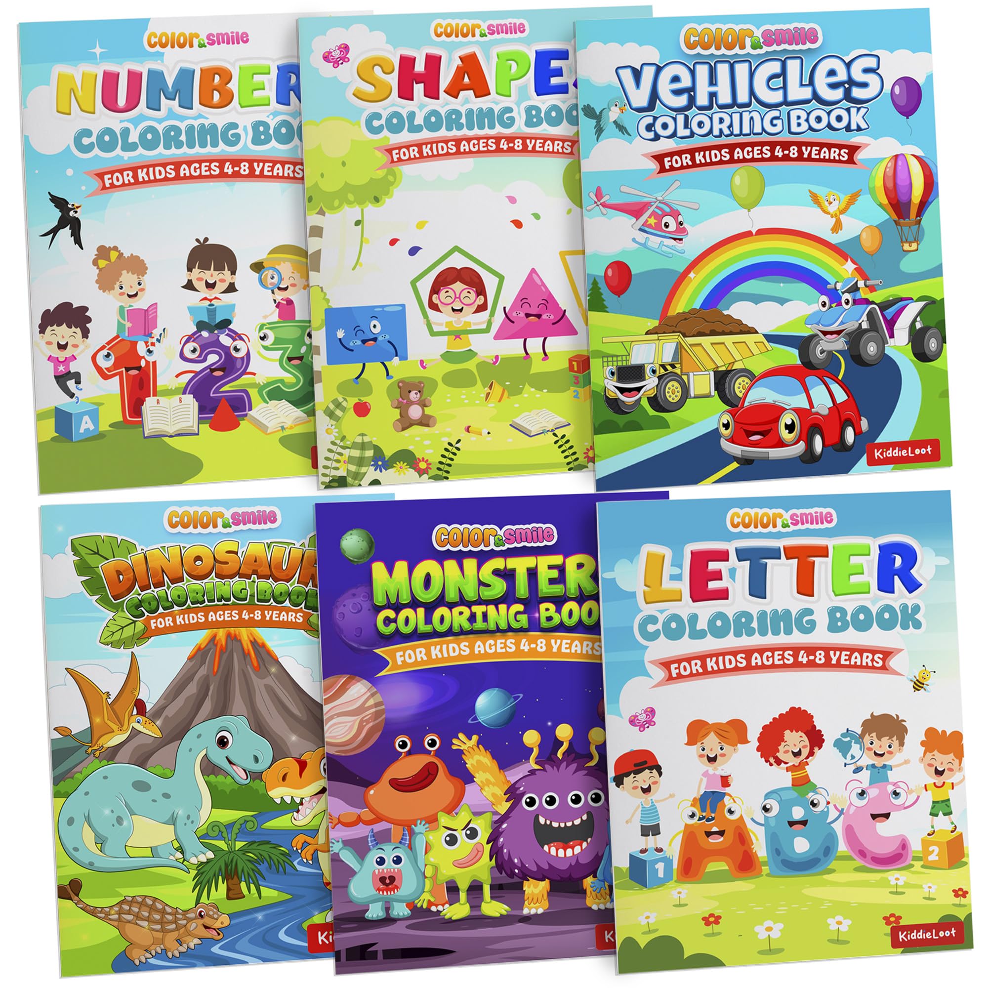 KiddieLoot 12-Pack Coloring Books for Kids Ages 4-8 – Dinosaurs, Monsters, Vehicles, Alphabet, Numbers & Shapes – 8.5x11 Inches