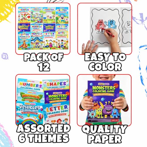 KiddieLoot 12-Pack Coloring Books for Kids Ages 4-8 – Dinosaurs, Monsters, Vehicles, Alphabet, Numbers & Shapes – 8.5x11 Inches