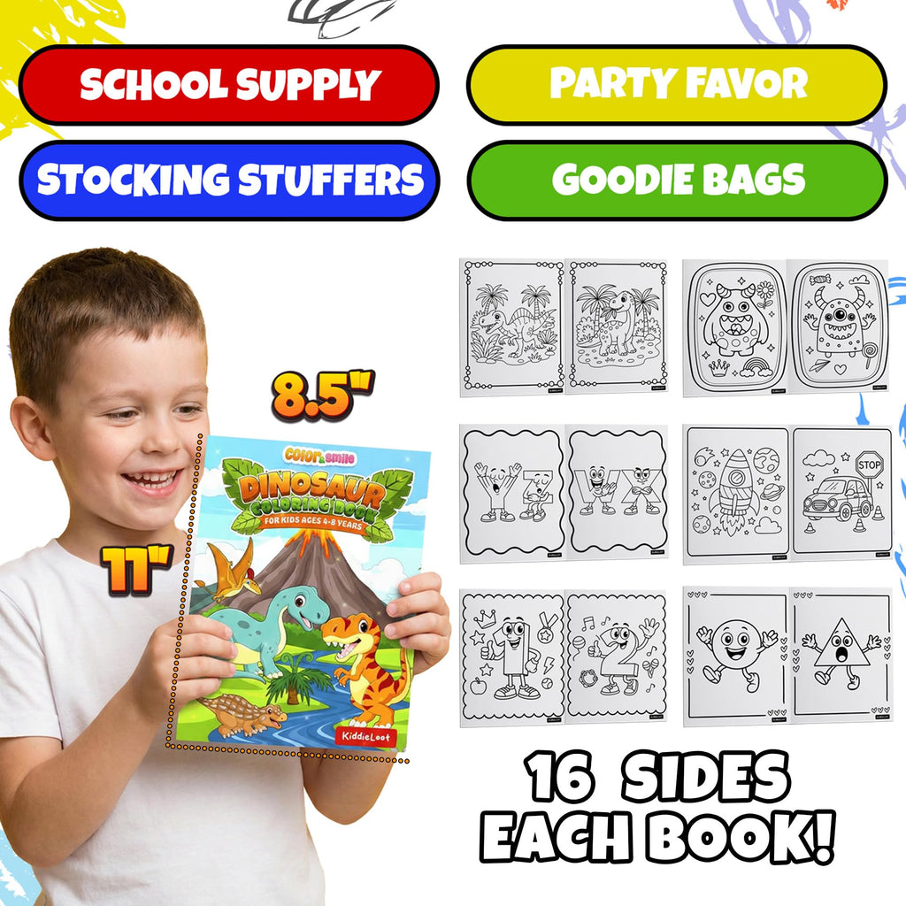 KiddieLoot 12-Pack Coloring Books for Kids Ages 4-8 – Dinosaurs, Monsters, Vehicles, Alphabet, Numbers & Shapes – 8.5x11 Inches