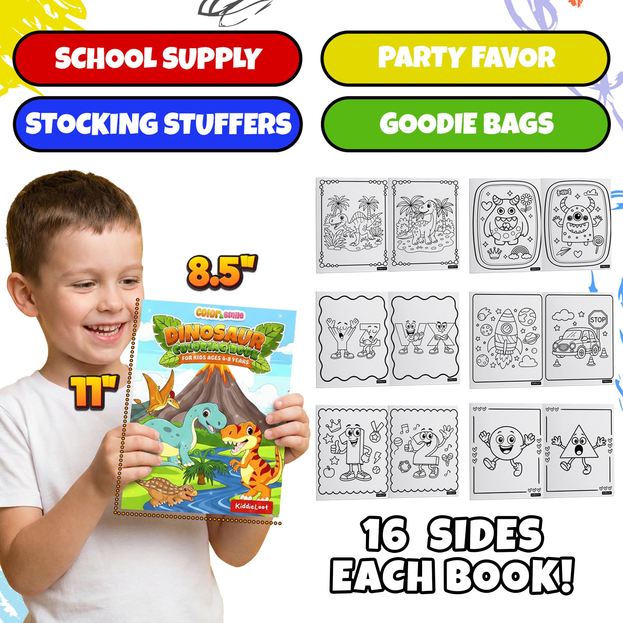 KiddieLoot 12-Pack Coloring Books for Kids Ages 4-8 – Dinosaurs, Monsters, Vehicles, Alphabet, Numbers & Shapes – 8.5x11 Inches