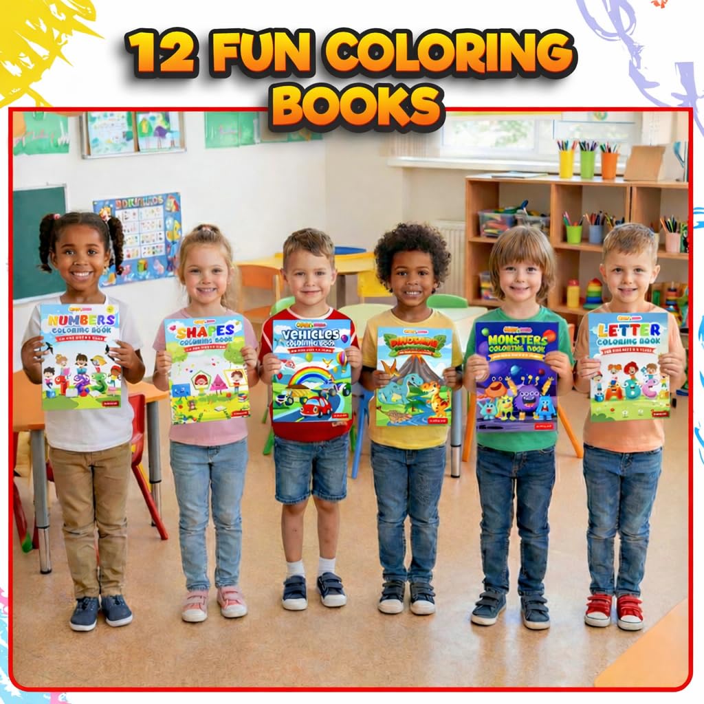 KiddieLoot 12-Pack Coloring Books for Kids Ages 4-8 – Dinosaurs, Monsters, Vehicles, Alphabet, Numbers & Shapes – 8.5x11 Inches
