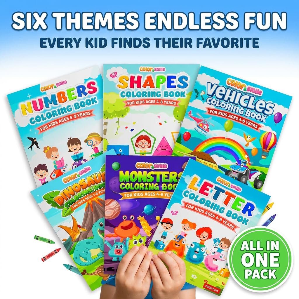 KiddieLoot 12-Pack Coloring Books for Kids Ages 4-8 – Dinosaurs, Monsters, Vehicles, Alphabet, Numbers & Shapes – 8.5x11 Inches