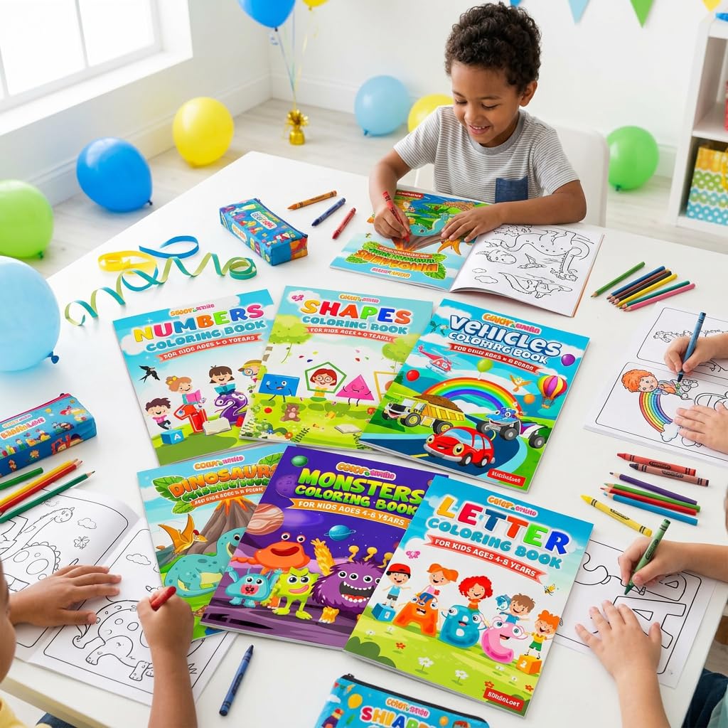 KiddieLoot 12-Pack Coloring Books for Kids Ages 4-8 – Dinosaurs, Monsters, Vehicles, Alphabet, Numbers & Shapes – 8.5x11 Inches