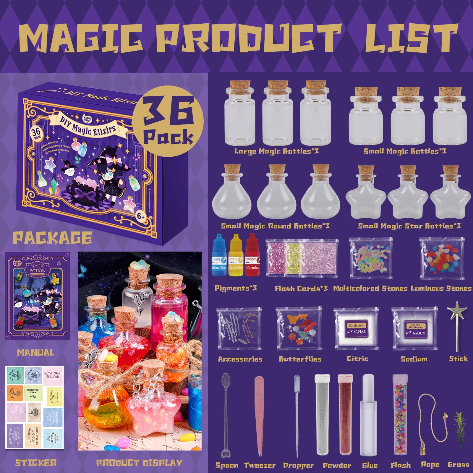 KIDDYCOLOR Magic Potion Kit for Kids – 36-Piece Craft Set with 12 Bottles, Powders, Glitter & More