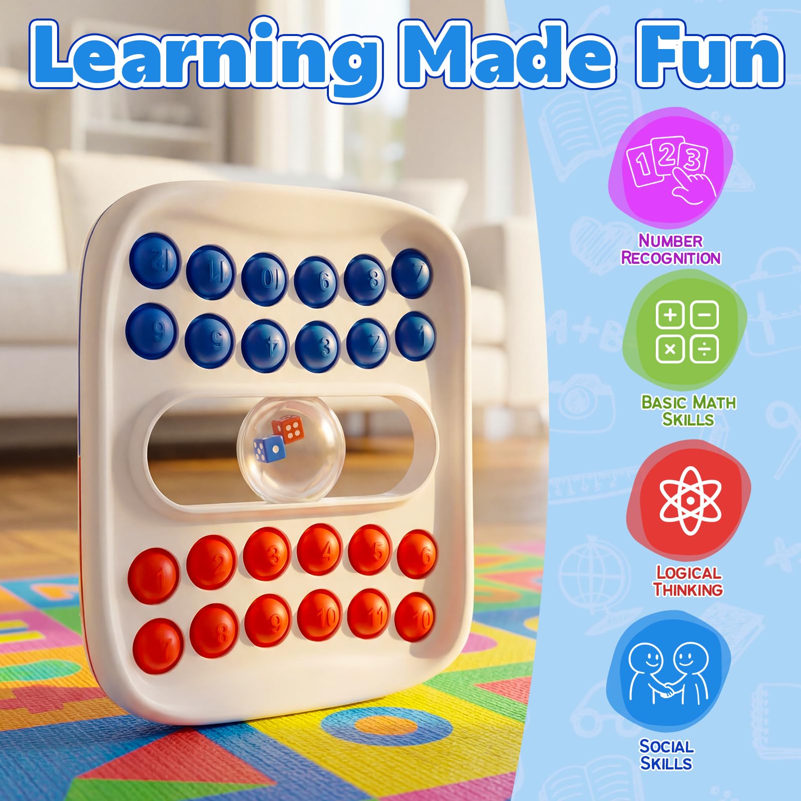 Kiditos Pop Math Game: Addition & Subtraction Learning Toy with Built-in Dice for Ages 4-8