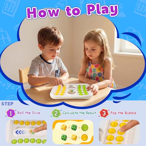 Kiditos Pop Math Game – Fun Addition & Subtraction Learning Toy for Kids Ages 4-8 with Built-in Dice and Sensory Fidget Pop Bubbles