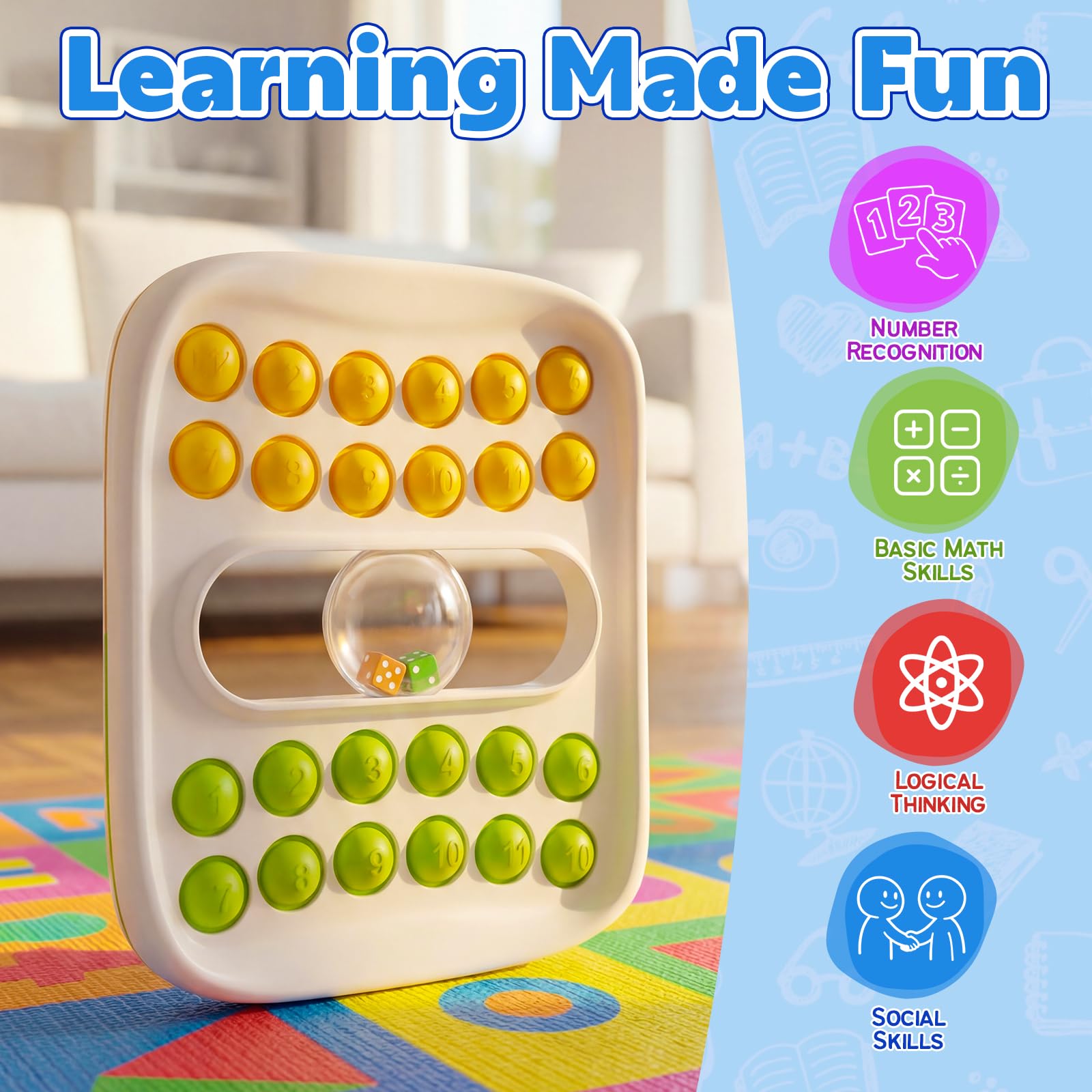 Kiditos Pop Math Game – Fun Addition & Subtraction Learning Toy for Kids Ages 4-8 with Built-in Dice and Sensory Fidget Pop Bubbles