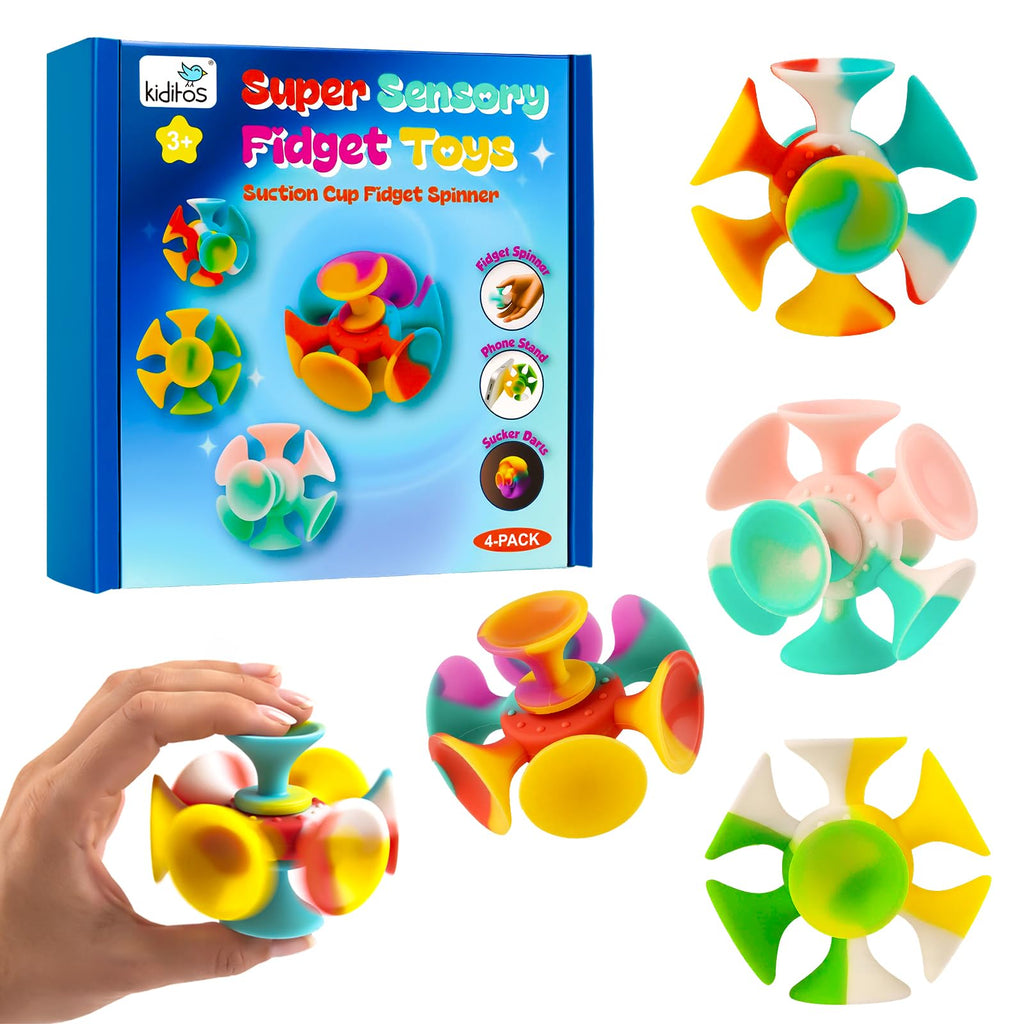 Kiditos Suction Cup Spinner Toys, 4 Pack - Sensory Fidget Toys for Toddlers and Kids, Screen-Free Stick and Spin Toy for Travel, Bath, Car, and Desk