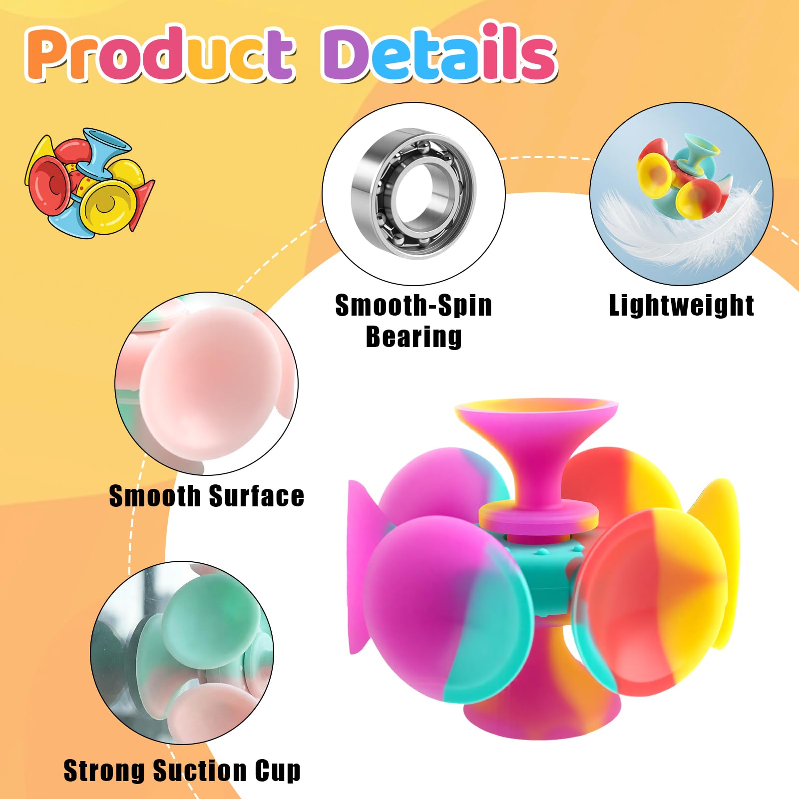 Kiditos Suction Cup Spinner Toys, 4 Pack - Sensory Fidget Toys for Toddlers and Kids, Screen-Free Stick and Spin Toy for Travel, Bath, Car, and Desk