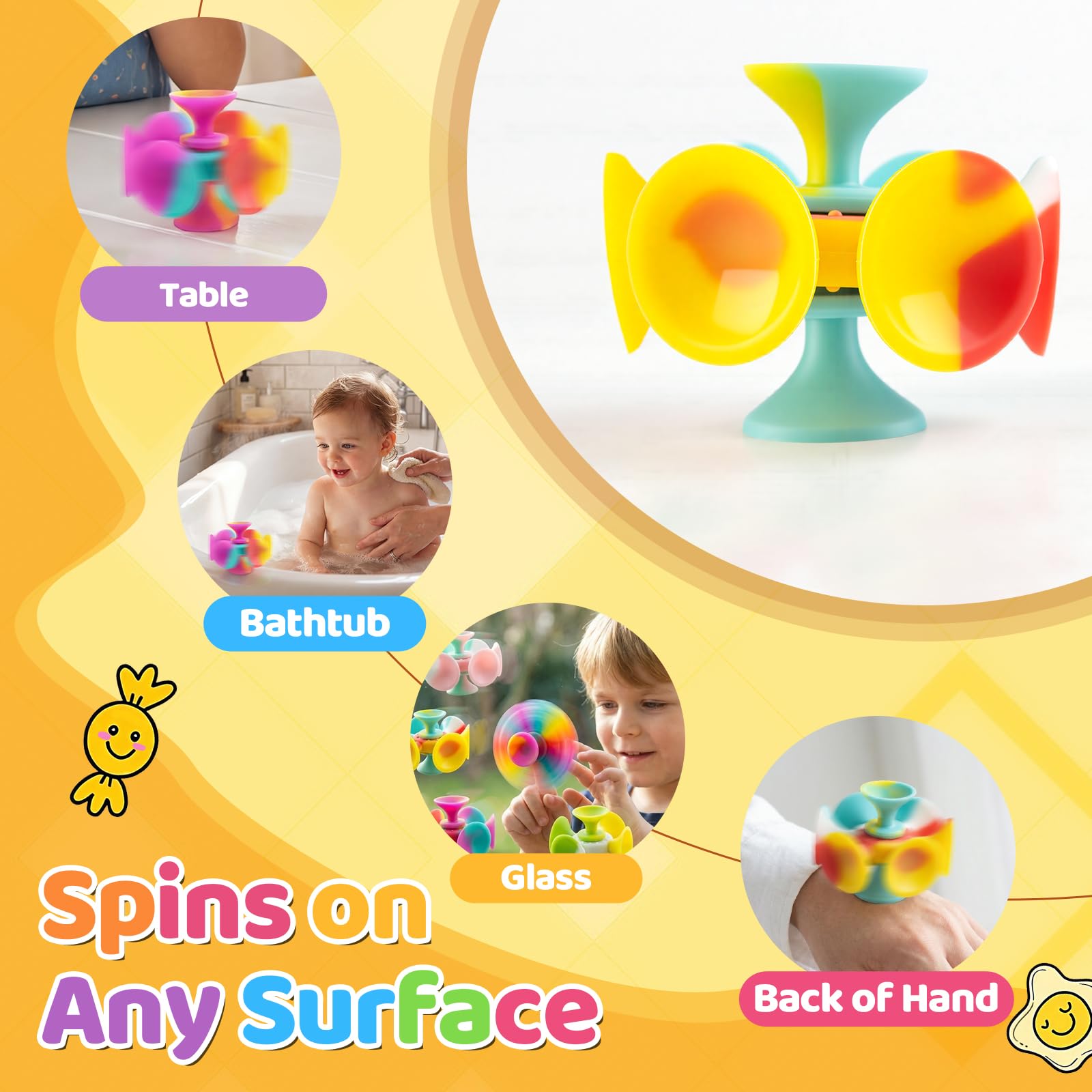Kiditos Suction Cup Spinner Toys, 4 Pack - Sensory Fidget Toys for Toddlers and Kids, Screen-Free Stick and Spin Toy for Travel, Bath, Car, and Desk