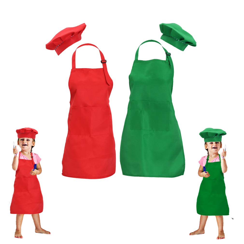 Kids Apron and Chef Hat Set - 2 Pack Green & Red for Cooking, Painting, Baking Ages 5-12