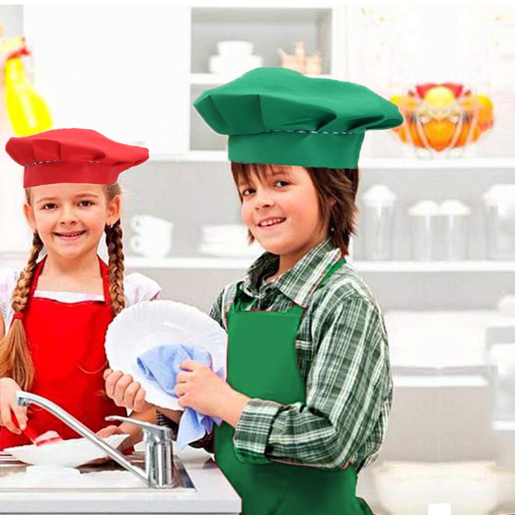 Kids Apron and Chef Hat Set - 2 Pack Green & Red for Cooking, Painting, Baking Ages 5-12