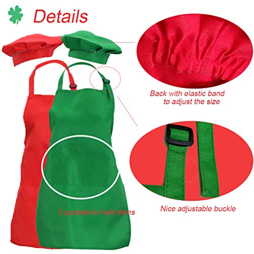 Kids Apron and Chef Hat Set - 2 Pack Green & Red for Cooking, Painting, Baking Ages 5-12