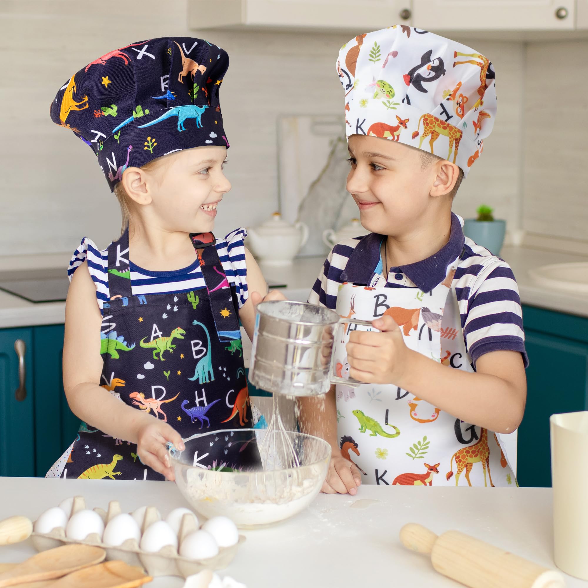 Kids Apron and Chef Hat Set (4 Pieces) – Adjustable, Waterproof, with Alphabet Design and Pockets for Baking, Cooking, Painting