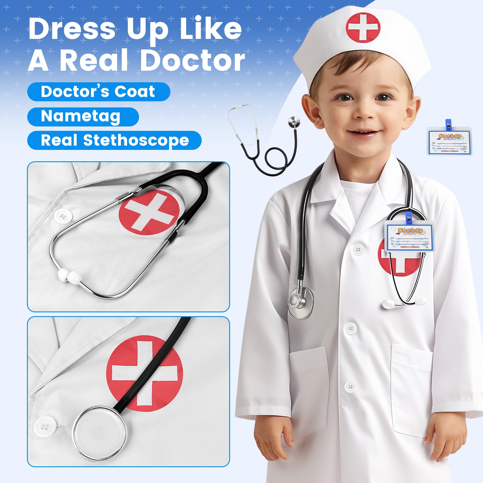 Kids Doctor Coat Set with Stethoscope - 4-Piece Role Play Costume for Boys and Girls Ages 3-12
