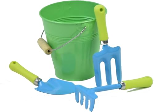 Kids Garden Tool Set with Metal Pail – Real Shovel, Rake, Cultivator for Outdoor Play
