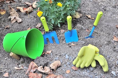 Kids Garden Tool Set with Metal Pail – Real Shovel, Rake, Cultivator for Outdoor Play