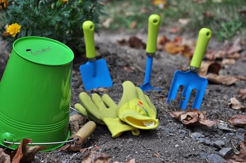 Kids Garden Tool Set with Metal Pail – Real Shovel, Rake, Cultivator for Outdoor Play