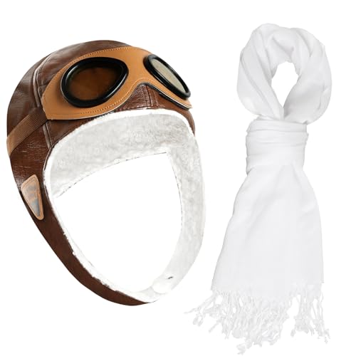 Kids Pilot Aviator Costume Set – Hat with Goggles and White Cotton Scarf by Pistha