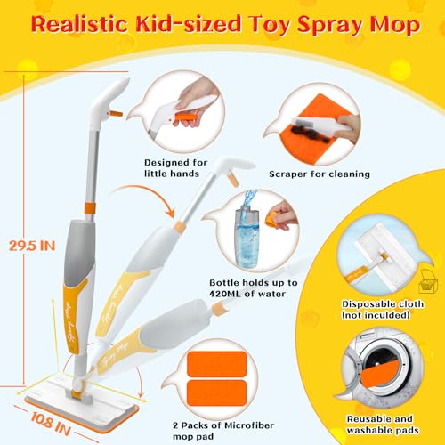 Kids Spray Mop Toy with Real Spray Function – Montessori Cleaning Set for Toddlers, Orange