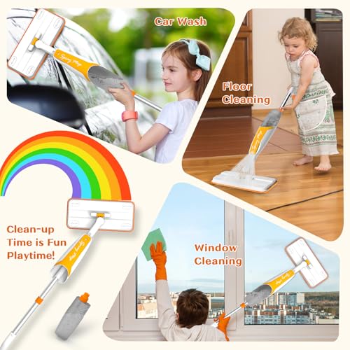 Kids Spray Mop Toy with Real Spray Function – Montessori Cleaning Set for Toddlers, Orange