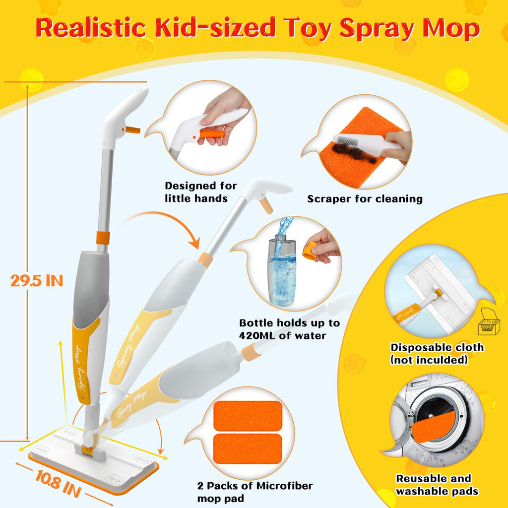 Kids Spray Mop Toy with Real Spray Function – Montessori Cleaning Set for Toddlers, Orange