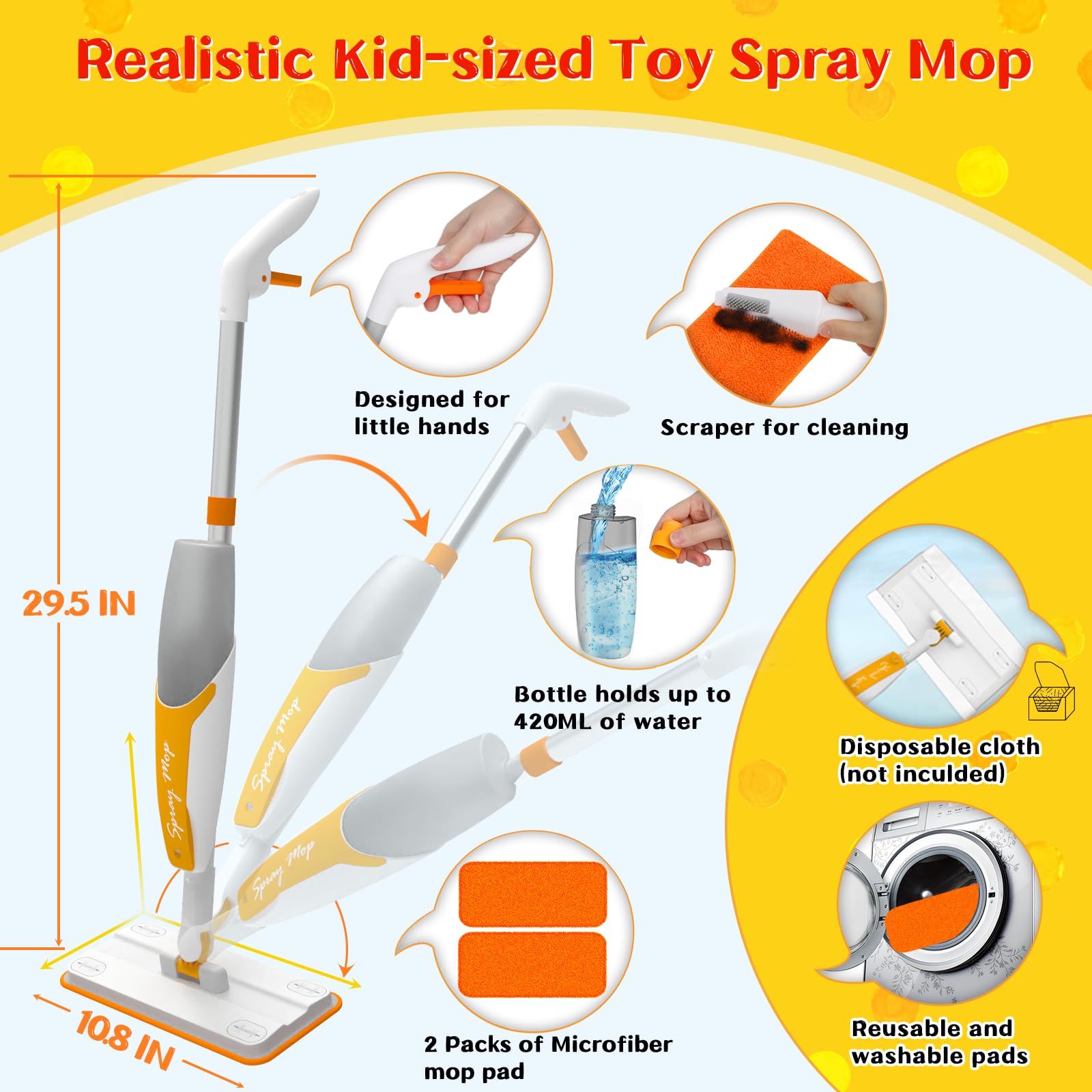 Kids Spray Mop Toy with Real Spray Function – Montessori Cleaning Set for Toddlers, Orange