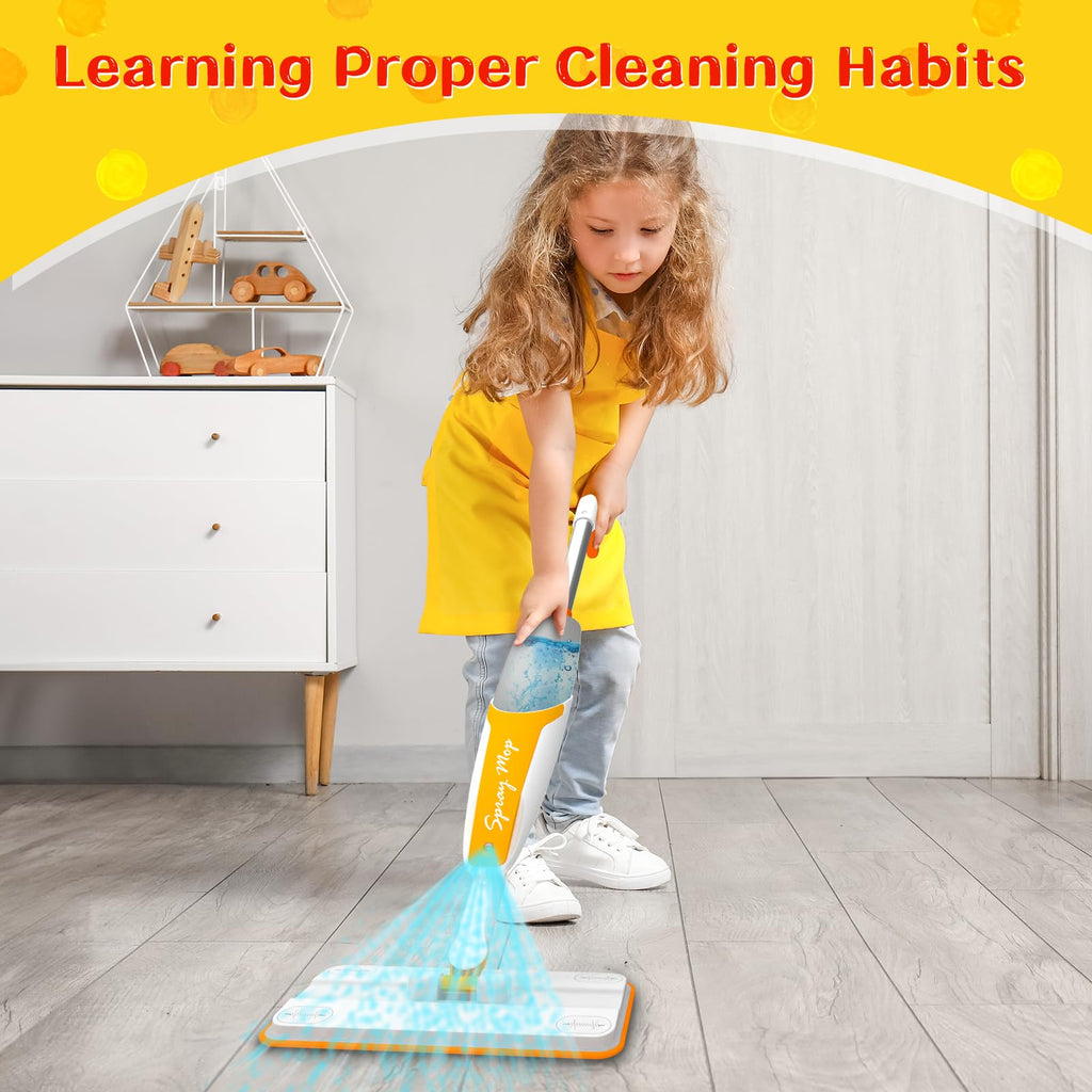 Kids Spray Mop Toy with Real Spray Function – Montessori Cleaning Set for Toddlers, Orange