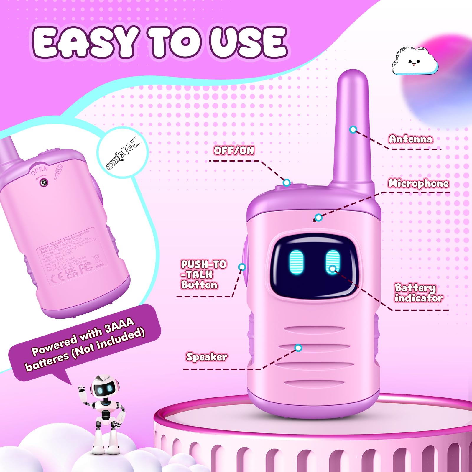 Kids Walkie Talkies 2 Pack for Girls - Mini Lightweight Walkie Talkies Toy for Ages 3-8, Purple, 1000ft Range, Easy to Use