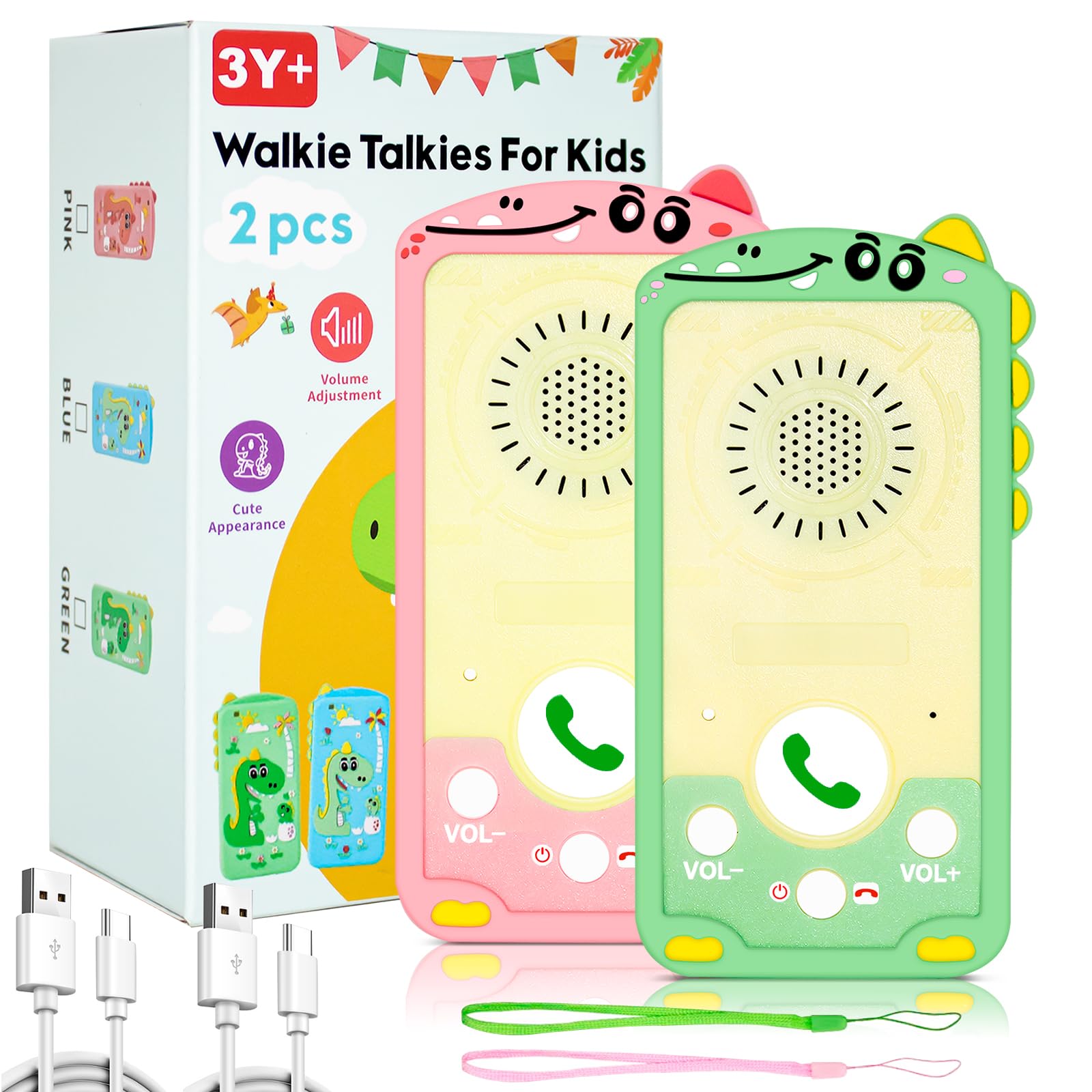 Kids Walkie Talkies 2 Pack – Instant Chat Mode, 1.5 Mile Range, Rechargeable, Green & Pink