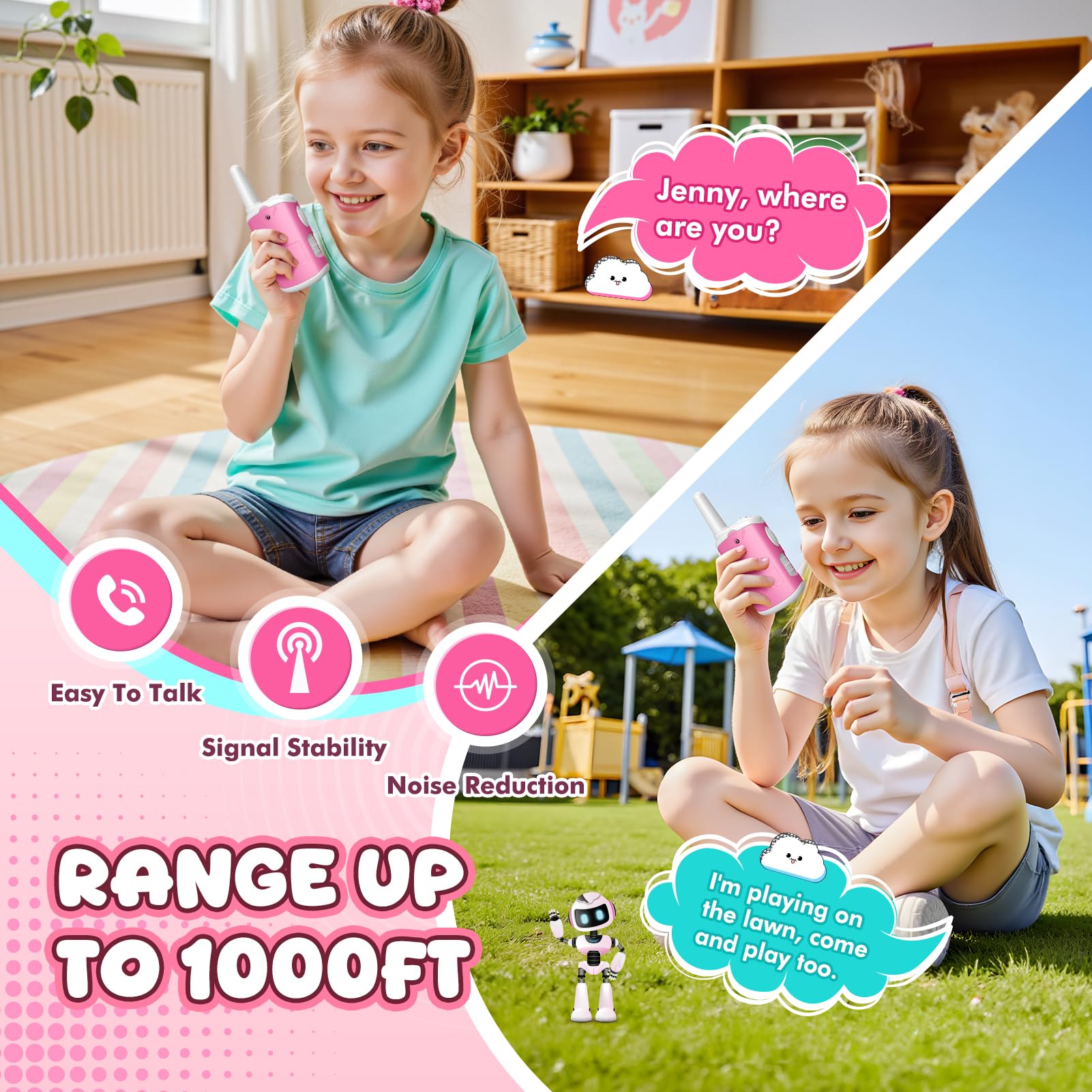 Kids Walkie Talkies for Girls - Pink Mini 2 Pack, 1000ft Range, Simple Push-to-Talk for Ages 3-8