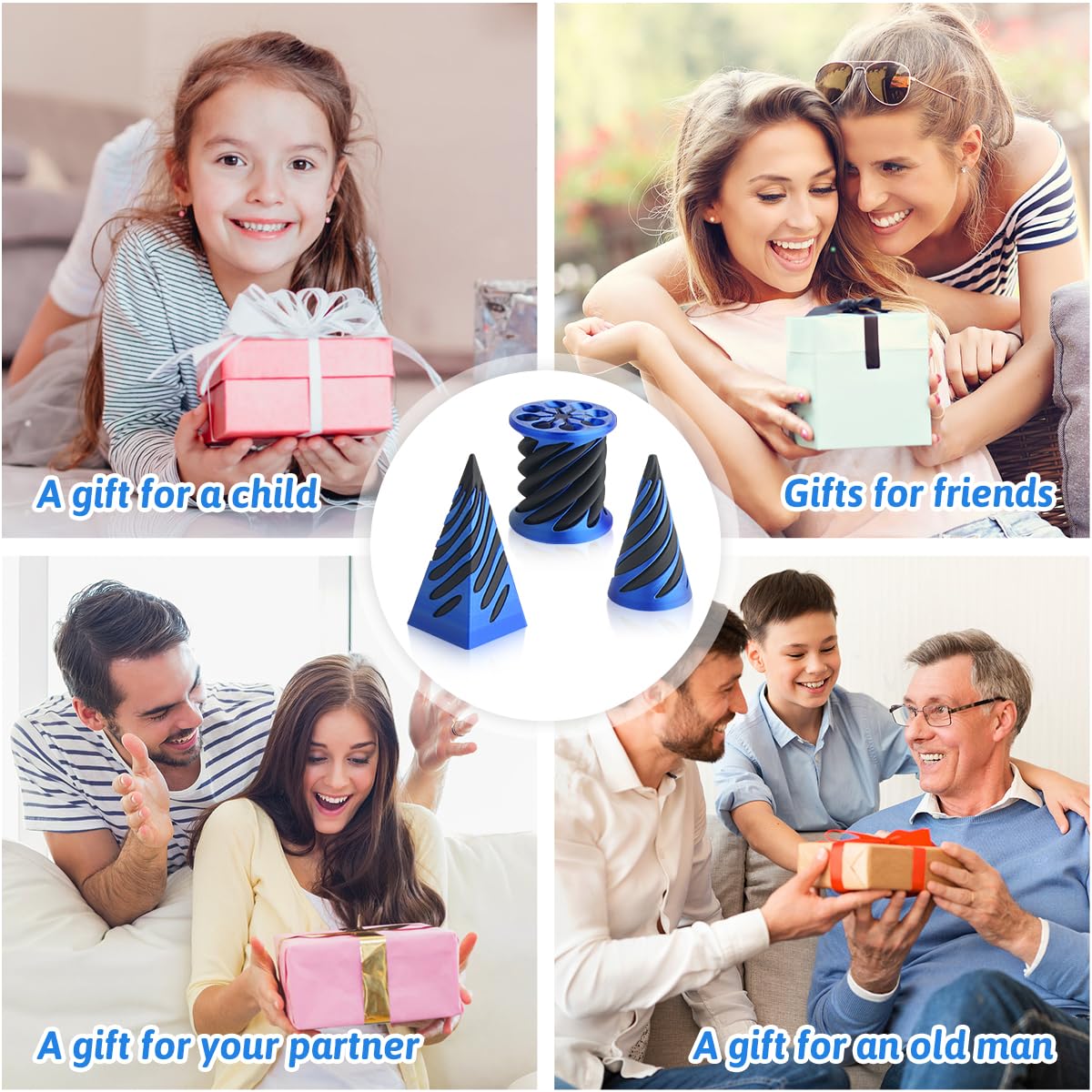KIFOUBR 3-Pack Impossible Cone Fidget Toy - Spiral Cone 3D Printed Stress Relief Toy (Blue)