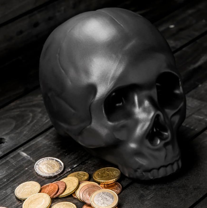 Kikkerland Ceramic Skull Coin Bank – Halloween Money Saver with Rubber Stopper