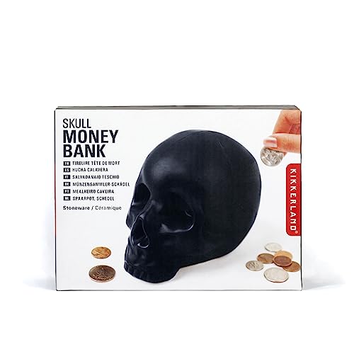 Kikkerland Ceramic Skull Coin Bank – Halloween Money Saver with Rubber Stopper