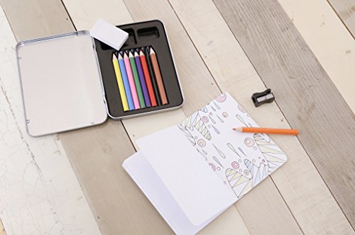 Kikkerland Mini Doodle Kit – Travel-Ready Art Set with 18 Illustrations and 8 Colored Pencils