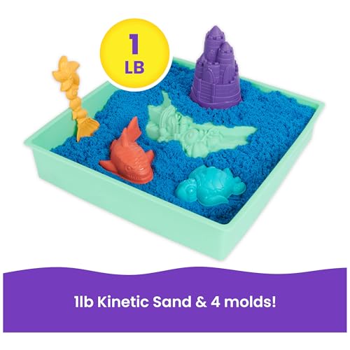 Kinetic Sand Sandbox Set - 1lb Blue Play Sand with 4 Molds and Storage Tray for Ages 3+