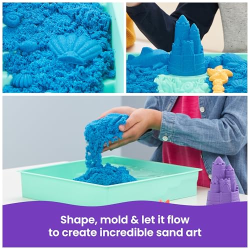 Kinetic Sand Sandbox Set - 1lb Blue Play Sand with 4 Molds and Storage Tray for Ages 3+